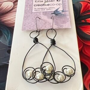 52 Handmade Black Wire Teardrop Earrings with Pearl Beads by Kris Janae